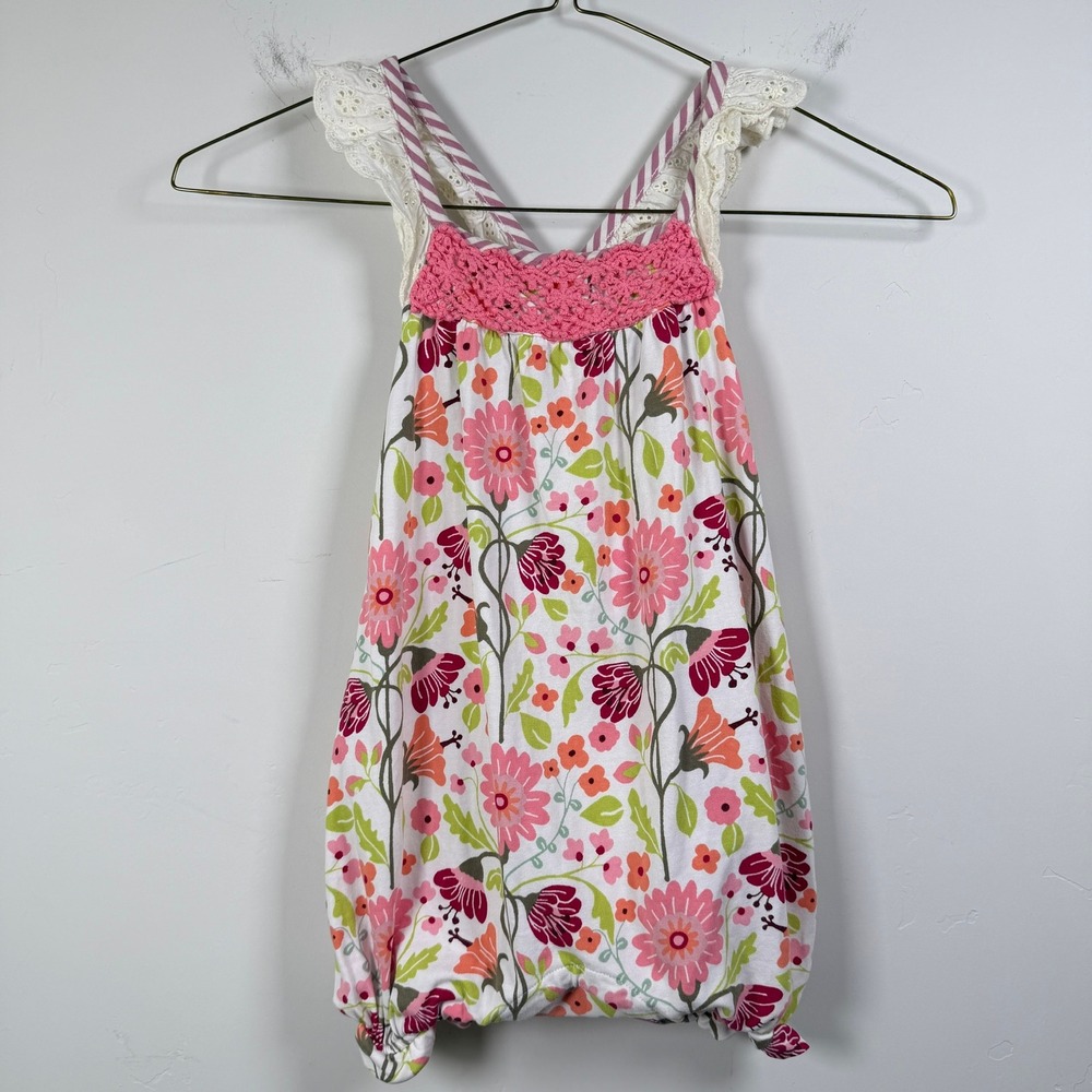 Matilda Jane Bubble Romper 18-24M Pink Floral Jumpsuit Lace Eyelet Trim Ruffle